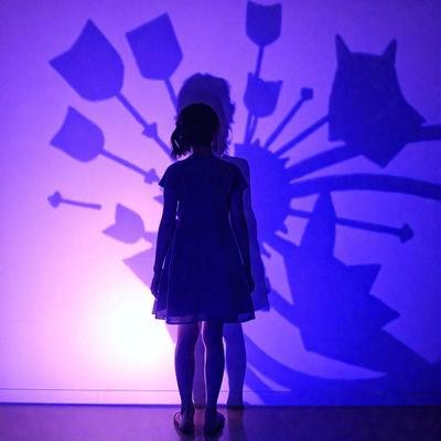 The primary subject of the image is a young girl standing in front of a wall with a shadow of a flower on it. The setting appears to be a room with a purple light, creating a unique atmosphere. The visual style of the image is a combination of a photo and a drawing, with the girl's shadow and the flower's shadow being drawn on the wall. The colors in the image are predominantly purple, which adds to the overall mood of the scene.